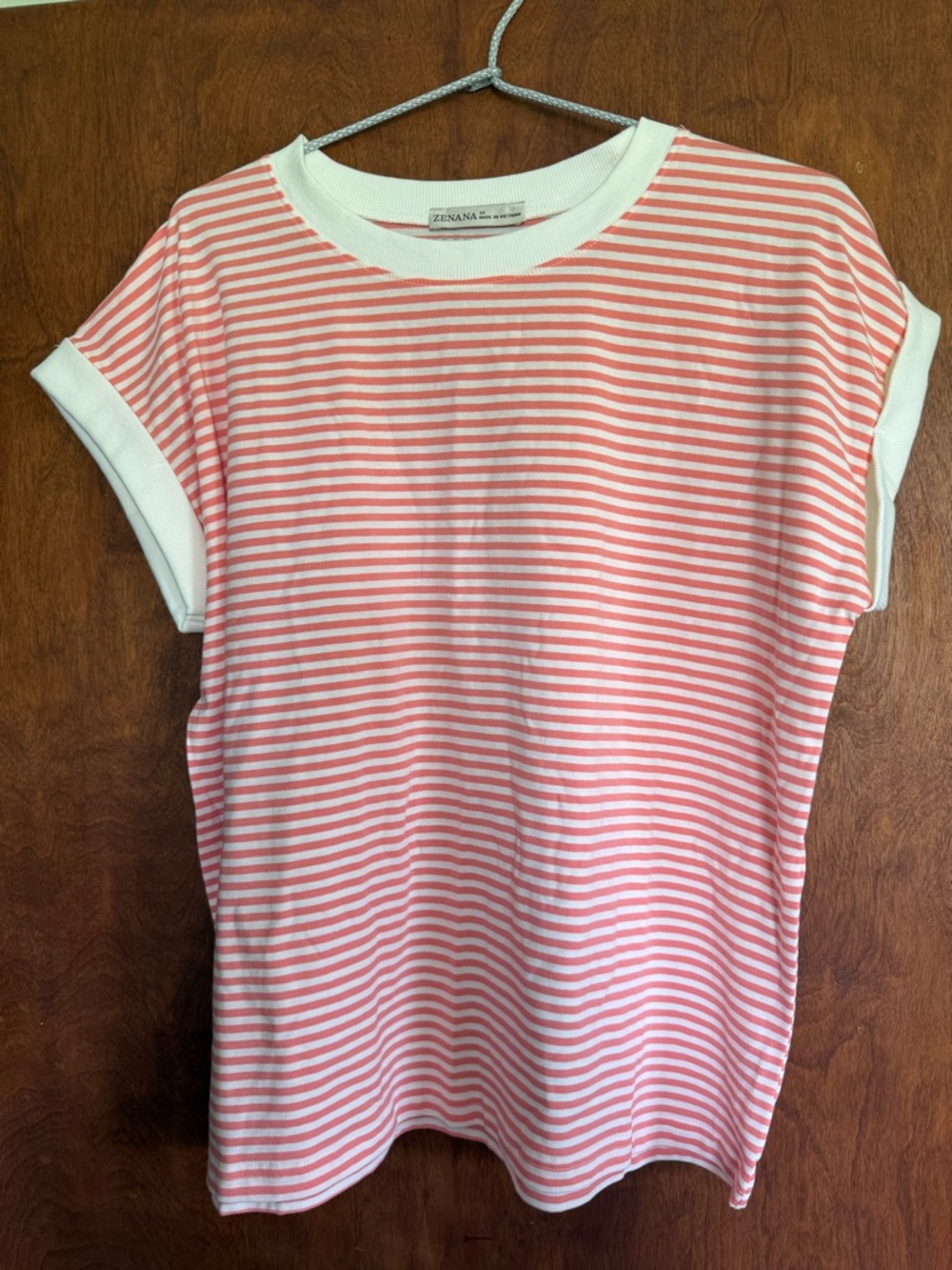 Zenana Outfitters Coral and White Striped Short Sleeve Tee